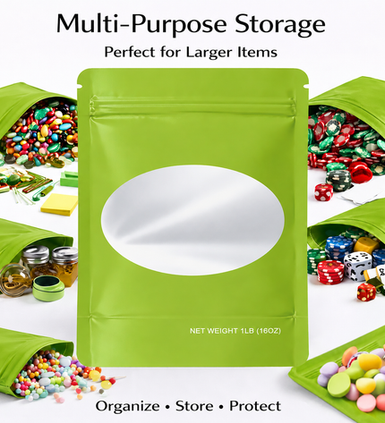 25 Pack – 1lb Solid Color Mylar Bags with Oval Window - Green