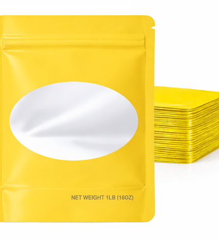 25 Pack – 1lb Solid Color Mylar Bags with Oval Window - Yellow