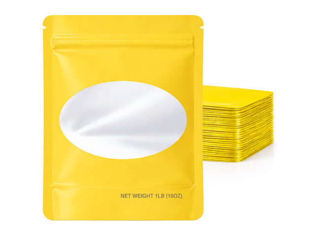 25 Pack – 1lb Solid Color Mylar Bags with Oval Window - Yellow