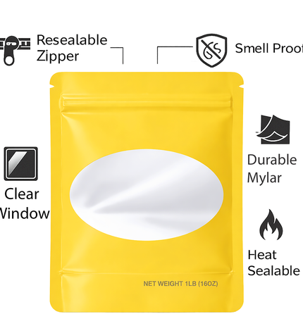 25 Pack – 1lb Solid Color Mylar Bags with Oval Window - Yellow