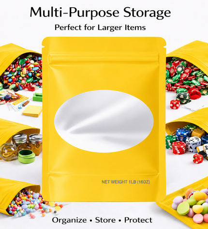 25 Pack – 1lb Solid Color Mylar Bags with Oval Window - Yellow