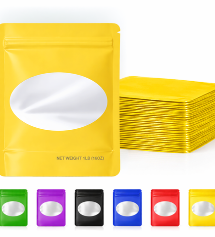 25 Pack – 1lb Solid Color Mylar Bags with Oval Window - Yellow