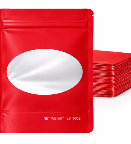 25 Pack – 1lb Solid Color Mylar Bags with Oval Window - Red