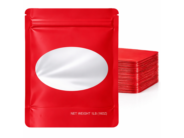 25 Pack – 1lb Solid Color Mylar Bags with Oval Window - Red