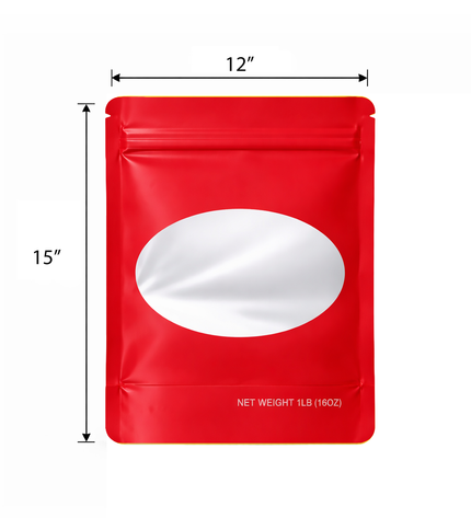 25 Pack – 1lb Solid Color Mylar Bags with Oval Window - Red