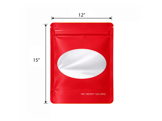 25 Pack – 1lb Solid Color Mylar Bags with Oval Window - Red