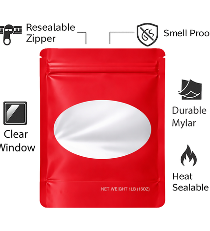 25 Pack – 1lb Solid Color Mylar Bags with Oval Window - Red