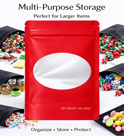 25 Pack – 1lb Solid Color Mylar Bags with Oval Window - Red