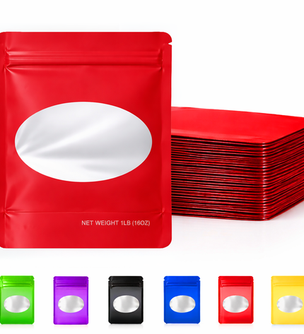 25 Pack – 1lb Solid Color Mylar Bags with Oval Window - Red