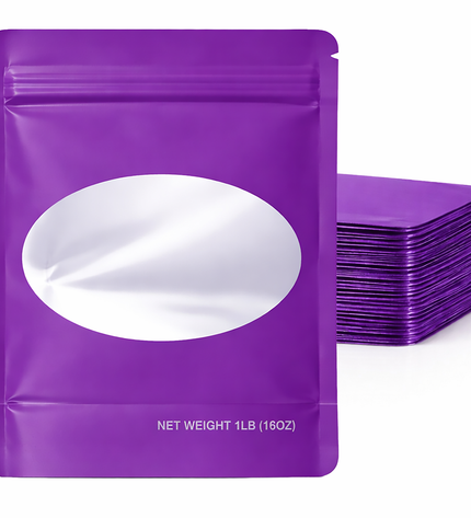 25 Pack – 1lb Solid Color Mylar Bags with Oval Window - Purple
