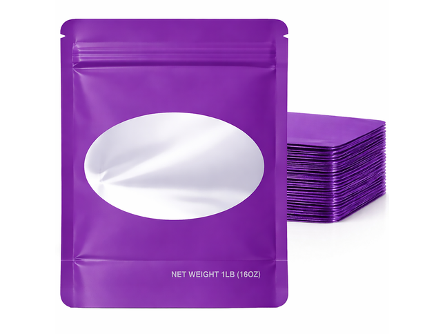 25 Pack – 1lb Solid Color Mylar Bags with Oval Window - Purple
