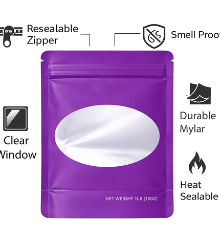 25 Pack – 1lb Solid Color Mylar Bags with Oval Window - Purple