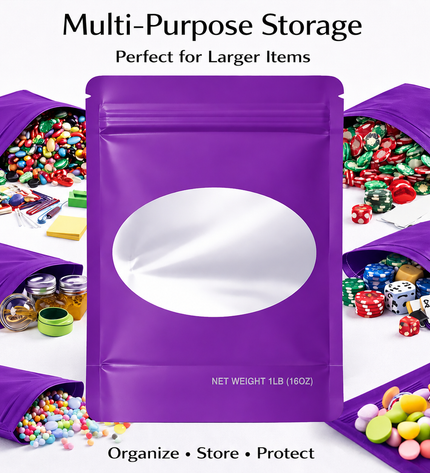 25 Pack – 1lb Solid Color Mylar Bags with Oval Window - Purple