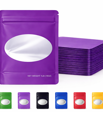 25 Pack – 1lb Solid Color Mylar Bags with Oval Window - Purple