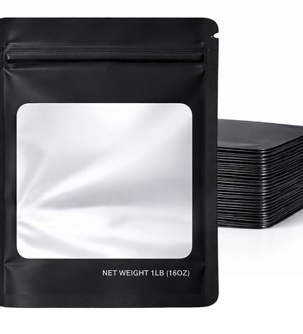 25 Pack – 1lb Solid Color Mylar Bags with Square Window - Black