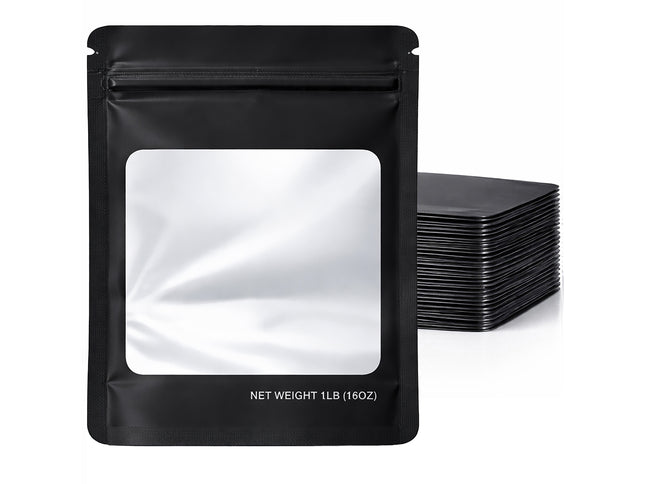 25 Pack – 1lb Solid Color Mylar Bags with Square Window - Black