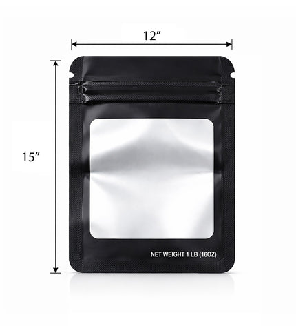 25 Pack – 1lb Solid Color Mylar Bags with Square Window - Black