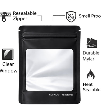 25 Pack – 1lb Solid Color Mylar Bags with Square Window - Black