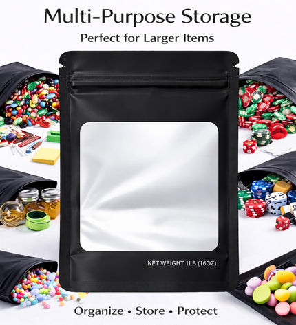 25 Pack – 1lb Solid Color Mylar Bags with Square Window - Black