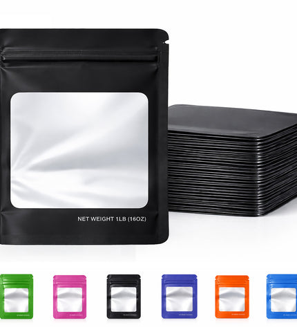 25 Pack – 1lb Solid Color Mylar Bags with Square Window - Black