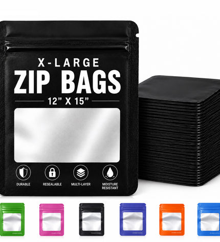 25 Pack - X-Large Solid Color Zip-Seal Foil Pouches (12"x15") Square Window Selection