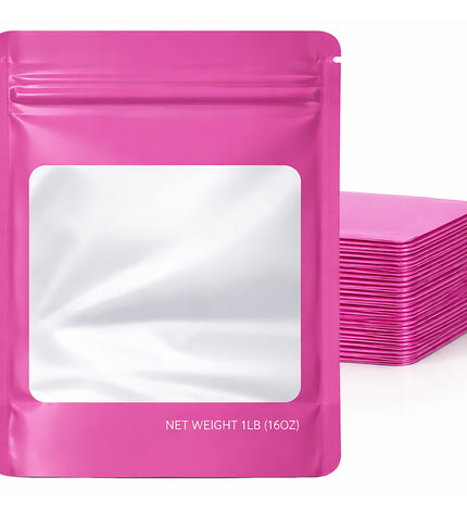 25 Pack – 1lb Solid Color Mylar Bags with Square Window - Pink