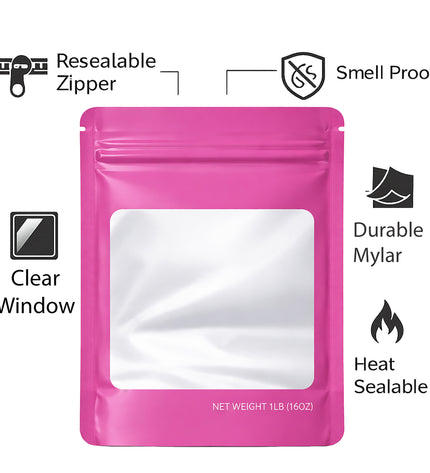 25 Pack – 1lb Solid Color Mylar Bags with Square Window - Pink