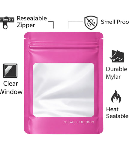 25 Pack – 1lb Solid Color Mylar Bags with Square Window - Pink