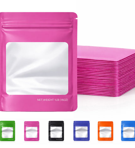 25 Pack – 1lb Solid Color Mylar Bags with Square Window - Pink