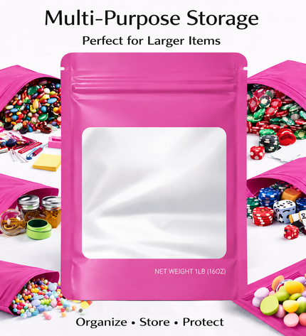 25 Pack – 1lb Solid Color Mylar Bags with Square Window - Pink