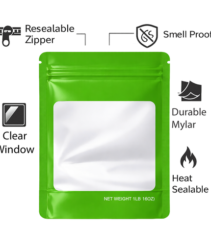25 Pack – 1lb Solid Color Mylar Bags with Square Window - Green