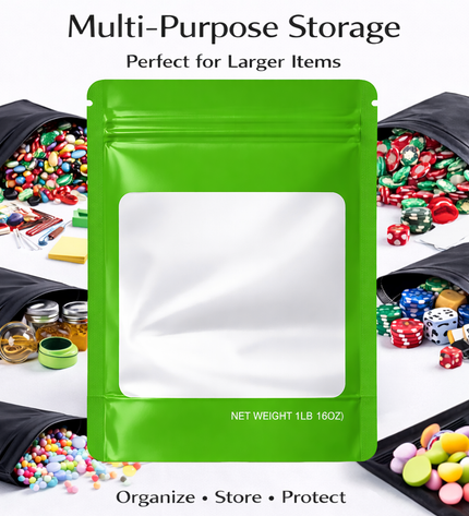 25 Pack – 1lb Solid Color Mylar Bags with Square Window - Green