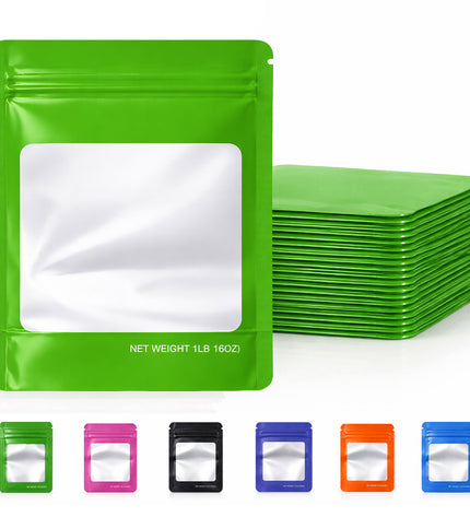 25 Pack – 1lb Solid Color Mylar Bags with Square Window - Green