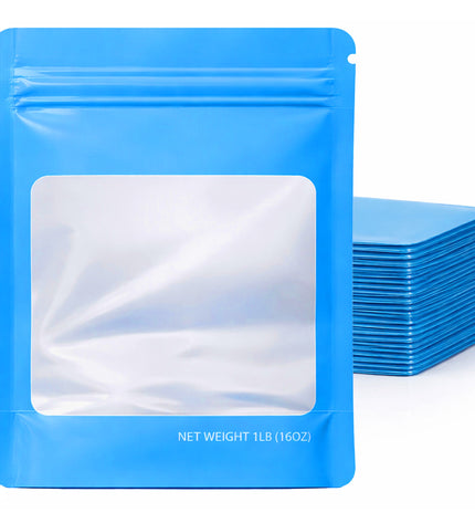 25 Pack – 1lb Solid Color Mylar Bags with Square Window - Light Blue