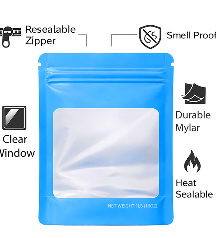 25 Pack – 1lb Solid Color Mylar Bags with Square Window - Light Blue