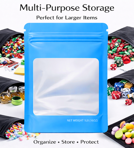 25 Pack – 1lb Solid Color Mylar Bags with Square Window - Light Blue