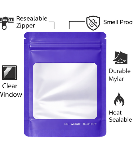 25 Pack – 1lb Solid Color Mylar Bags with Square Window - Purple