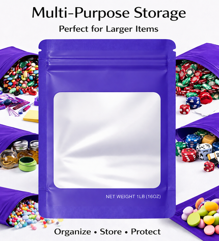 25 Pack – 1lb Solid Color Mylar Bags with Square Window - Purple