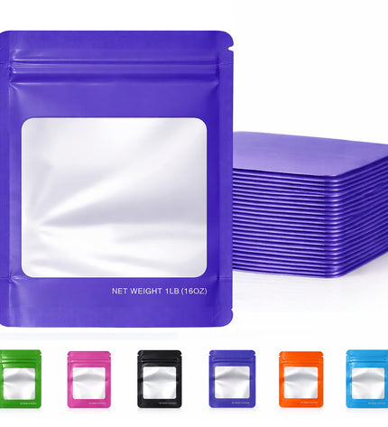 25 Pack – 1lb Solid Color Mylar Bags with Square Window - Purple