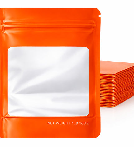 25 Pack – 1lb Solid Color Mylar Bags with Square Window - Orange