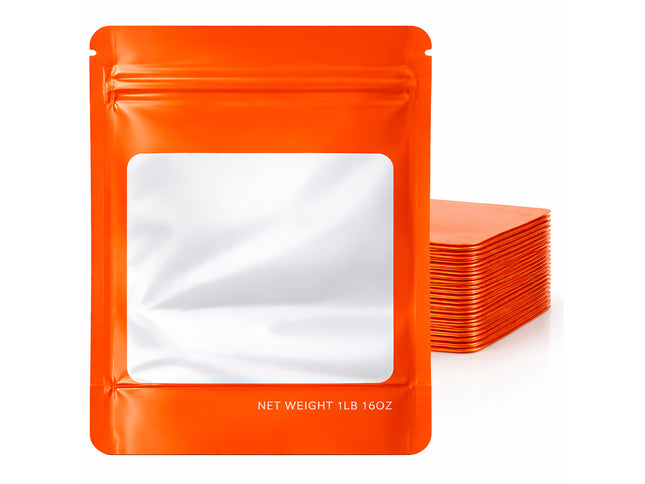 25 Pack – 1lb Solid Color Mylar Bags with Square Window - Orange