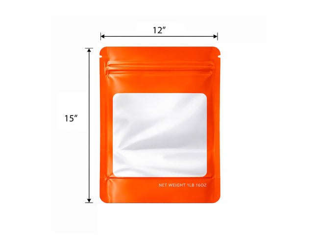 25 Pack – 1lb Solid Color Mylar Bags with Square Window - Orange