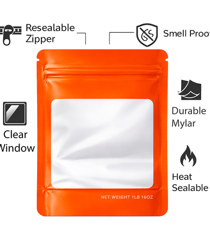 25 Pack – 1lb Solid Color Mylar Bags with Square Window - Orange