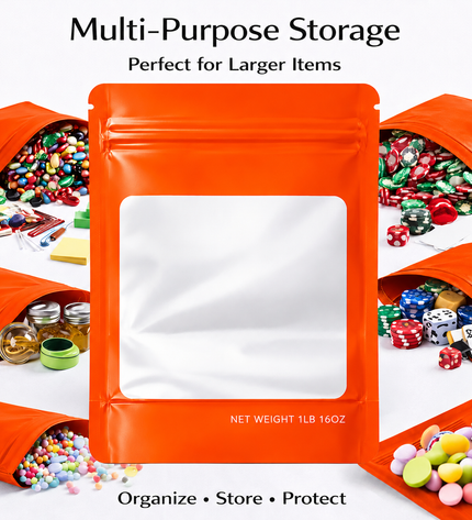 25 Pack – 1lb Solid Color Mylar Bags with Square Window - Orange