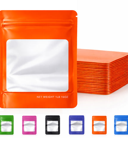25 Pack – 1lb Solid Color Mylar Bags with Square Window - Orange