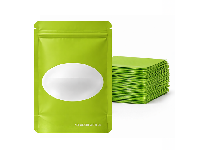 50 Pack – 28g Solid Color Mylar Bags with Oval Window - Green