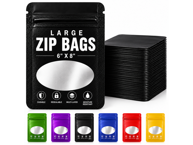 50 Pack 28g Solid Purple Mylar Bags with Oval Window