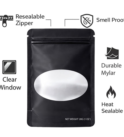 50 Pack – 28g Solid Color Mylar Bags with Oval Window - Black
