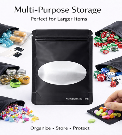 50 Pack – 28g Solid Color Mylar Bags with Oval Window - Black
