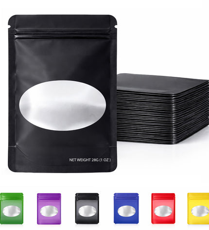 50 Pack – 28g Solid Color Mylar Bags with Oval Window - Black